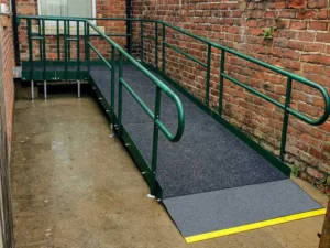 Easiramp wheelchair ramps with high grip high traffic robust playground rubber coated expanded metal surfaces